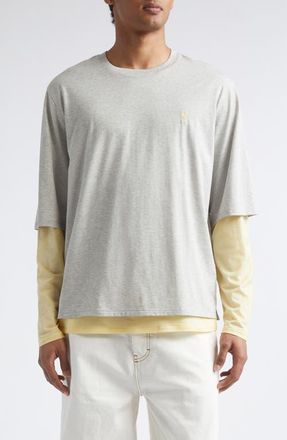 Ami Ami de Coeur Embroidered Layered Long Sleeve Cotton T-Shirt in Gris Chine Clair/jaune at Nordstrom, Size X-Large