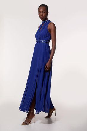 Karen Millen Womens Petite Halter Diamante Enamel Trim Woven Pleated Split Maxi Dress - Blue - Size 6 UK