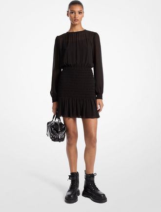 Michael Kors Smocked Georgette Long Sleeve Dress