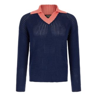 Fendi V-neck Knitwear, male, Blue, Size: L V-neck Knitwear