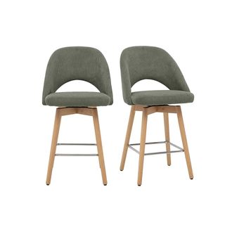 Miliboo Taburetes De Bar Escandinavos En Tela De Terciopelo Acanalado Verde Caqui Y Hevea S&oacute;lida 65 Cm (lote De 2) Cosette