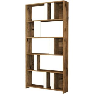 Dmora Dmora - Estante Para Libros Dbellusc, Estante De Oficina, Porta Libros M&oacute;vil, Biblioteca, 90x20h180 Cm, Nogal Y Blanco