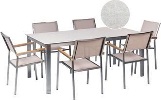 Beliani Garden Dining Set 6 Seater COSOLETO/GROSSETO Tempered Glass Marble Effect White/ Beige