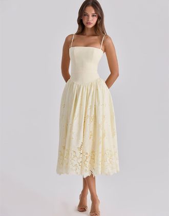 House of CB Ysabella - Prendisole midi in pizzo e pizzo sangallo color limone-Giallo