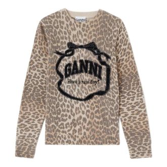 Ganni Round-neck Knitwear, female, Beige, Size: XS Leopard Crewneck Sweater