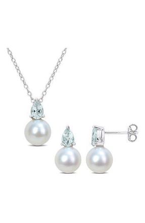 Delmar Aquamarine & Freshwater Pearl Stud Earrings & Pendant Necklace Set in Blue at Nordstrom Rack
