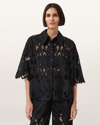 AllSaints Polyester Charli Relaxed Fit Embroidered Shirt, Size: UK 6/US 2