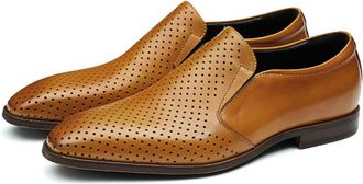 Generic Mens Perforated Faux Leather Loafers Pointed Toe Office Dress Shoes Low Block Heel Formal Shoes,Brown,8.5 UK