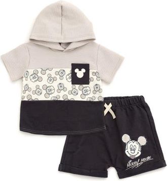 Disney Lilo & Stitch 2-Piece Hooded Tee and Shorts Set in Dark Grey Mickey at Nordstrom, Size 6-9M