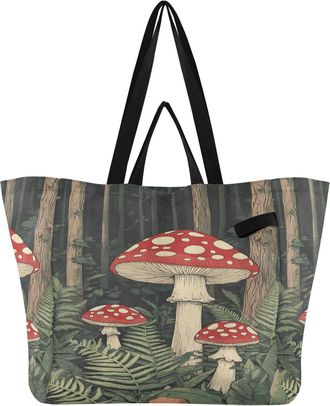 Generic Mushroom Tree Green pattern Reusable Canvas Tote Bag, Heavy Duty Grocery Shopping Bag with Double Handles Large Capacity Hard Bottom Work Groceries Tr