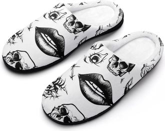 Generic Thorn Skulls Roses Patch Eyes Mens Slippers Slip On Comfortable Fleece Cotton House Shoes Winter