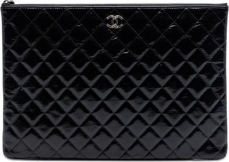 Chanel Black Large Quilted Patent O Case Clutch