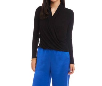 Karen Kane Long Sleeve Ribbed Drape Front Crossover Top In Black