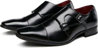 Generic Formal Oxford Shoes for Men Slip On Double Monk Strap Cap Toe Square Toe Leather Block Heel Low Top Slip Resistant Rubber Sole Working(Black,9.5 UK)