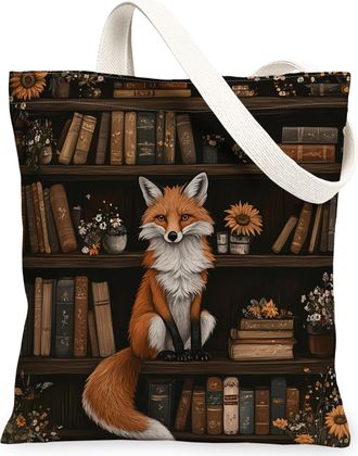 Generic Spring Fox Canvas Tote Bag for Shopping 13x15, Flower Bookshelf Animal Reusable Grocery Print Bag for Women, Fun Scenic Beach Aesthetic Painting Gift 