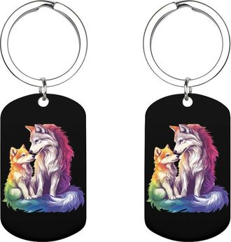 Generic Colorful Wolf Family Picture Keychain Metal Key Chain Holder Key Tags Pendant Gifts for Men Women