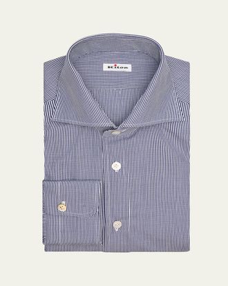Kiton Mens Micro-Gingham Spread Collar Dress Shirt
