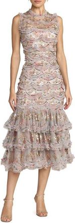 Mac Duggal Sleeveless Sequin Tiered Ruffle Midi Dress in Pastel Multi at Nordstrom, Size 14