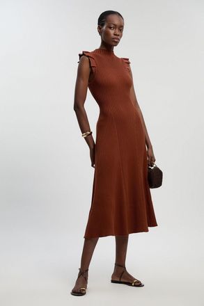 Karen Millen Womens Pointelle Frill Sleeve Knit Midi Dress - Rust Cotton - Size X-Small