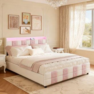 OEM Lit 140x190pocketpopterciopelo Blanco Y Rosa-cama Con Somier De Lamas, Led Y Puertos Usb, 2 Plazas, Cajones