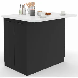 IDMarket Isla Central Ivo 120 Cm En Madera Negra Con Encimera Efecto M&aacute;rmol Alaska