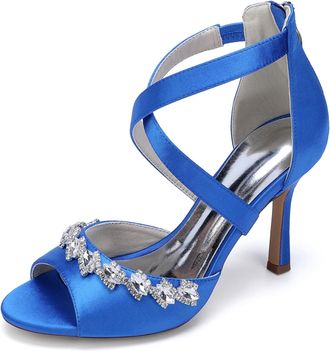 Generic Womens Rhinestone Satin Bridal Stiletto Sandals Dress Wedding Heel Formal Evening Shoes 9.5Cm,Royal Blue,10 UK