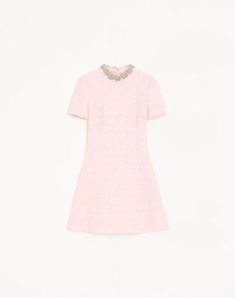 Valentino Embroidered Crinkle Cotton Tweed Short Dress Woman PINK/SILVER 36
