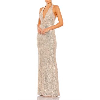 Mac Duggal Sequined Halter Strap Plunge Neck Gown in Rose Gold at Nordstrom, Size 12