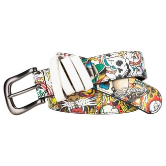 Ed Hardy Mens 38mm All Over Print Hammered Stud Belt, White, 38