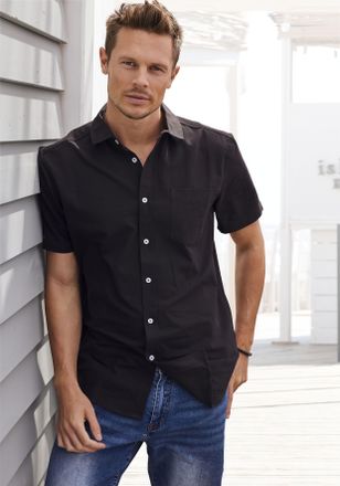 H.I.S Kurzarmhemd H.I.S, Herren, Gr. M (39/40), N-Gr, schwarz, Web, Obermaterial: 100% Baumwolle, unifarben, regular fit, Rundhals, abgesteppte Kante, Hemde