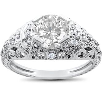 Pompeii3 Lab Grown Diamond Engagement Ring 1 1/5ct Filligre Antique 14K White Gold Size Selectable