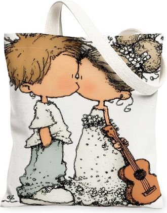 Generic Romantic Couple Canvas Tote Bags, Cute Love Design Reusable Grocery Bags, Spring Floral Lightweight Washable Shoulder Strap, White, 13x15 Inch