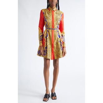 Versace Cheetah Barocco Print Belted Long Sleeve Silk Dress in Scarle Ultramarine at Nordstrom, Size 10 Us