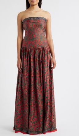 Sani Maya Floral Pleated Drop-Waist Gown in Scarlet Fleur at Nordstrom Rack, Size Small
