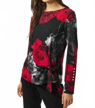 Joseph Ribkoff Floral Print Boat Neck Long Sleeves Fitted Top In Black/red