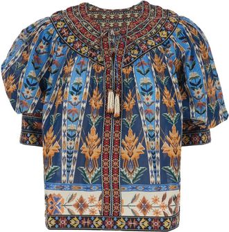 Farm Rio Geborduurde Tapestry Blouse met Korte Mouwen - Dames - Blouses - Veelkleurig - XS - Overhemden