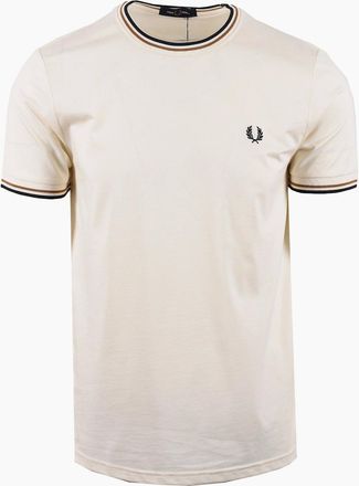 Fred Perry Mens FRED PERRY TWIN TIPPED T-SHIRT ECRU/DARK CARAMEL/NAVY - White - Size: 44