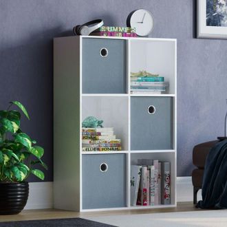 Home Discount Home Discount - Durham 6 Cube Bookcase Shelf Wooden Display Storage Rack Free Standing Shelf Unit, White-3-Grey-Baskets