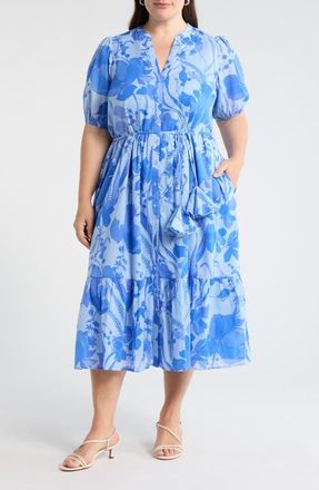 Sugarlips Beth Floral Button-Up Tiered Shirtdress in Light-Blue-Multi at Nordstrom, Size 1X