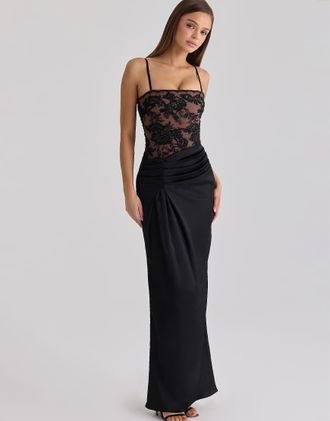 House of CB Eliette - Vestito lungo nero in raso e pizzo decorato