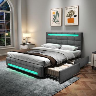 C&A 4ft6 Double Upholstered Bed with LED Lights,Storage Drawers,Adjustable Tufted Headboard,Grey