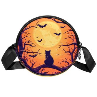 Generic Circle Crossbody Bag for Women, Black Cat Tree Moon Small Sling Bag Daypack with Zipper Adjustable Shoulder Straps Casual Ladies Girls Round Purse