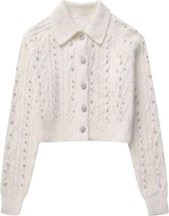 Generic Beads Cropped Cardigans for Women Button Knitted Short Sweaters for Women Rhinestone Long Sleeve Cardigan Knitwears