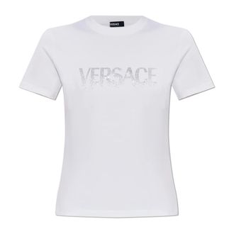 Versace T-Shirts, female, White, Size: 2XS T-shirt with shimmering sequins