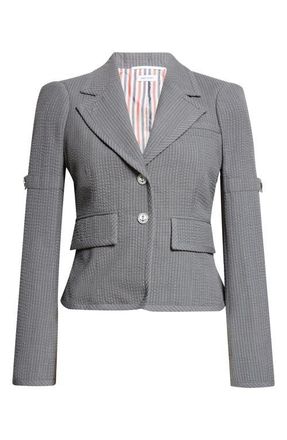 Thom Browne Crop Sculpted Shoulder Wool Seersucker Jacket in Light Grey at Nordstrom, Size 8 Us