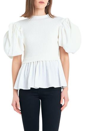 English Factory Mixed Media Puff Sleeve Top in Ivory at Nordstrom, Size Medium