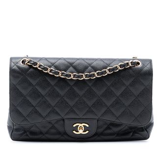 Chanel Pre-owned Womens Jumbo Classic Caviar Double Flap - Black Leather - One Size