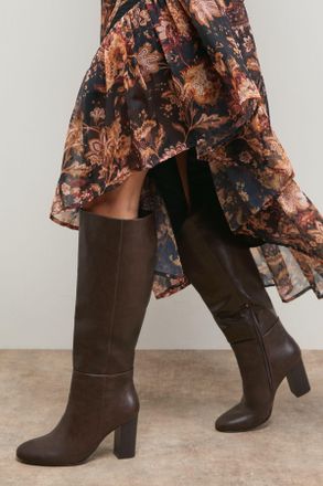 Oasis Womens Tamsin Faux Leather Stacked High Block Heel Knee Boots - Brown - Size UK 7