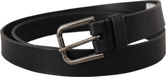 Dolce & Gabbana Black Calf Leather Logo Engraved Metal Buckle Mens Belt