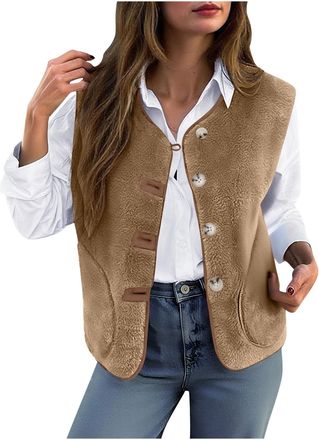 Generic Womens Fleece Sherpa Gilet Elegant Ladies Button-Front Sleeveless Teddy Vest with Pockets Casual Fuzzy Faux Shearling Plain Waistcoat Vintage Solid Co